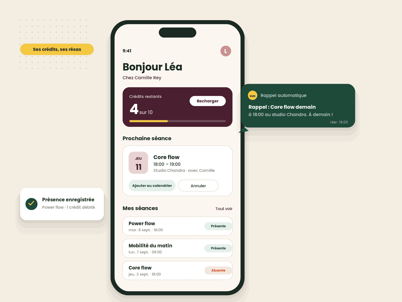 Espace membre sur mobile : crédits restants, prochaine séance avec ajout au calendrier, historique des présences, rappel automatique par SMS